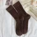 Thickened cable knit wool winter warm mid-calf women socks solid color cashmere long socks - One Size (34-40) / Dark Coffee