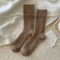 Classic cable knit wool crew socks for women, retro brown cozy warm winter solid casual socks. - One Size (34-40) / Light Coffee