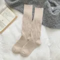 Women beige slouch socks, cozy mid-calf knit hosiery, stylish casual cotton long socks. - One Size (34-40) / Khaki