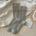 Grey cable knit wool blend mid-calf socks cozy winter retro vintage warm hosiery casual footwear - One Size (34-40) / Light Gray