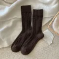 Cozy dark brown wool cable knit mid-tube socks for women, vintage retro winter warm socks. - One Size (34-40) / Dark Coffee