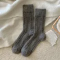 Women grey wool mid-tube socks, Japanese cable knit solid thermal winter slouch socks. - One Size (34-40) / Medium Grey