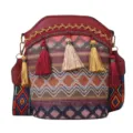 Beuteltasche im Ethno-Stil mit bunten Quasten und breitem Riemen - Rot
