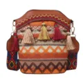 Vintage gewebte Ethno-Eimertasche mit bunten Quasten und gemustertem breitem Riemen - Braun