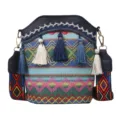 Gewebte Eimertasche im Vintage-Ethno-Stil mit bunten geometrischen Mustern und Quasten - Dunkelblau