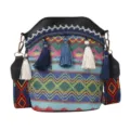 Bunte Ethno-Eimer-Tasche für Damen mit Webmustern und dekorativen Quasten für den Alltag. - Schwarz