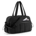 Detailed side view of the black quilted travel duffle bag with shoulder strap by Bagsmart - Black