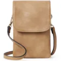 Detailed view of minimalist tan PU leather crossbody phone bag with polished gold hardware - Upgrade-Camel