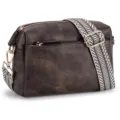 Close-up of small brown leather crossbody bag with three zippers and patterned strap - Coffee