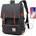 Detailed view of grey vintage canvas laptop backpack with integrated USB charging port - Vintage Style (30527) / Upgraded With USB / Dark Gray