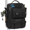 Detailed view of multi-functional lure fishing backpack with rod storage. - Black