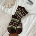Calcetines de lana Fair Isle marrones mujer, calcetines largos de invierno acogedores y cálidos. - Talla Única (35-40) / Café