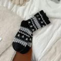 Calcetines de lana gruesa de invierno para mujer con patrón de árboles, medias de punto retro. - Talla Única (35-40) / Negro