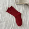 Rote Woll-Rüschen-Wadensocken, süße bestickte Schleife Winter warme flauschige Kaschmirsocken - Einheitsgröße (34-40) / Rot