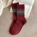 Autumn winter knit wool socks striped mid-calf casual women thermal warm vintage hosiery - Wool Socks One Size (34-40) / Burgundy