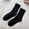 Women black mid-calf socks with cute white floral pattern, soft cotton casual daily wear. - One Size (35-40) / Black