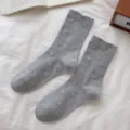 Grey floral mid-calf socks for women, cute Korean style slouch socks, comfortable cotton socks. - One Size (35-40) / Light Gray