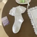 Weiße rüschen Lolita wadenlange socken mit spitze, süße japanische prinzessin socken damen. - Einheitsgröße (34-40) / Weiß