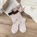 Koreanische florale Mittelsocken mit braunem Bund kuschelige Wollsocken für den Winter - Einheitsgröße (35-40) / Haferflocken