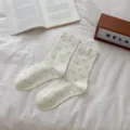 Women's cute Korean style mid-tube socks featuring a delicate blue floral print on white cotton. - One Size (35-40) / Milk White