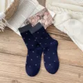 Korean style woolen mid-calf socks with cute floral pattern, cozy contrast grey cuffs. - One Size (35-40) / Navy Blue