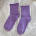 Women solid purple rolled cuff crew socks casual fashion cotton comfortable stacking socks - One Size (34-40) / Light Purple