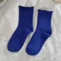Solid color rolled edge women short socks vibrant blue versatile cute casual daily wear - One Size (34-40) / Sapphire Blue
