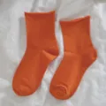 Orange rolled edge women socks, solid color casual short slouch socks, comfortable daily wear. - One Size (34-40) / Orange