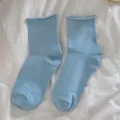 Women's solid color light blue rolled edge short casual socks, comfortable basic cotton socks variant. - One Size (34-40) / Light Blue