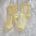 Women solid color rolled edge short socks light yellow cozy casual slouch cotton socks daily wear - One Size (34-40) / Milky Yellow (also Creamy White)