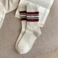 Women striped crew socks, beige knit winter mid-calf socks with classic collegiate style. - Wool Socks One Size (34-40) / Red Stripe