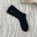 Chaussettes mi-hautes noires à volants et nœud brodé mignon, chaussettes d'hiver chaudes. - Taille Unique (34-40) / Noir