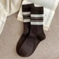 Brown striped mid-tube women socks, cozy vintage winter knit hosiery for daily wear style. - Wool Socks One Size (34-40) / Dark Coffee
