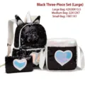 Black 3-piece sequin unicorn backpack set for girls featuring shimmering heart patterns - Medium 3-Piece Set / Black
