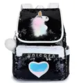 Sparkly black sequined girls backpack with fluffy unicorn and iridescent heart detail - Black With Heart And Pom Pom