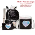 Stylish black sequin 3-piece backpack set with unicorn ears and iridescent heart design - Large 3-Piece Set / Black