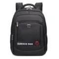 Fashionable black men's travel backpack featuring red CURIOUS MAN logo and laptop compartment - 3104 Series Style (3104) / Black