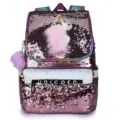Pink sequined kids backpack with cute cartoon unicorn design and pom-pom - Rose Gold With Pom Pom