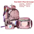 Three-piece rose gold sequin backpack set for girls featuring unicorn and heart motifs - Large 3-Piece Set / Rose Gold