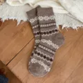 Brown winter wool socks for women, featuring cozy Fair Isle snowflake patterns and warm knit build. - One Size (34-40) / Light Coffee