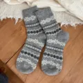 Grey winter wool socks for women, cozy mid-calf socks with classic Nordic snowflake pattern. - One Size (34-40) / Light Gray