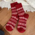 Red Fair Isle Snowflake Winter Wool Socks, Cozy Thermal Mid-Calf Socks for Women - Style Variant - One Size (34-40) / Bright Red