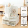 White desktop pegboard organizer with drawer including hooks and storage boxes for desk - Includes Hooks x4, Low Box x1, High Box x1 / White