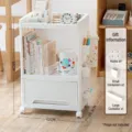 White multi-tier plastic rolling storage cart with wheels, hooks and hanging boxes. - Triple Layer / Mobile Style (With 7-Piece Storage Set) / White