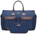 Detailed view of a blue canvas travel duffel bag set with brown leather accents and pockets - Leather Patchwork Style / Blue/Leather Patchwork