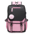 Vorderansicht des rosa-schwarzen Schülerrucksacks mit Schnallen und süßem Bommel - Rosa und Schwarz