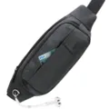 Close-up of gray sports chest bag featuring earphone port and front card pocket detail. - Dark Gray