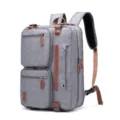 Side view detail of gray multifunctional laptop backpack with brown leather accents - Nylon Style / 15.6" / Light Gray