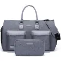 Close-up of grey multifunctional travel duffel bag and matching accessory pouch set - Leather Patchwork Style / Grey/Leather Patchwork