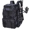 Close-up of a camouflage lure fishing backpack with rods and reel attached - Camouflage
